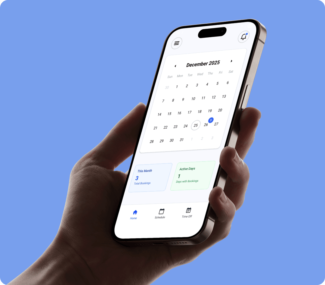 Rendevio mobile app interface showing calendar view with booking management features